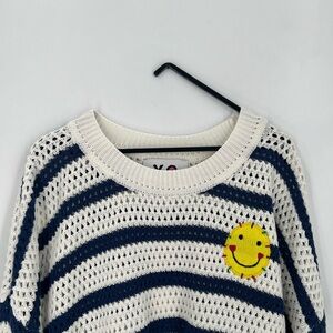 Kerri Rosenthal Crochet Knit Striped Smiley Embroidered Sweater Pullover
